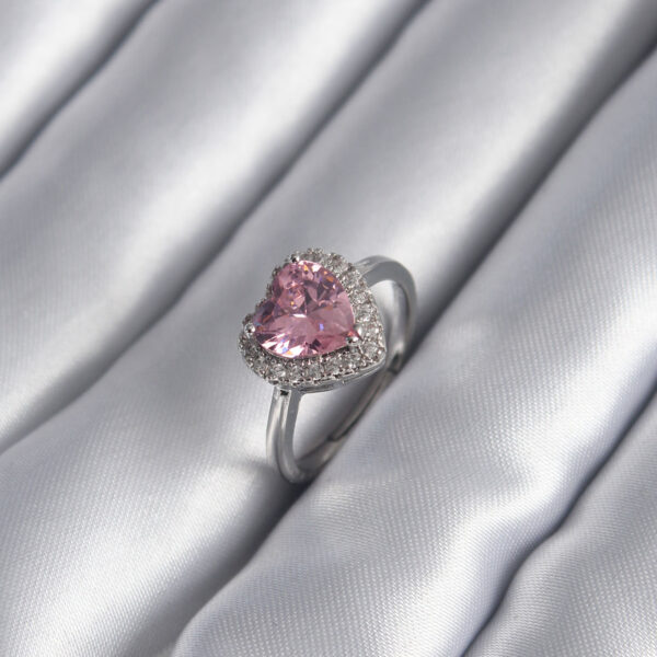 Gümüş Renk Pembe Zirkon Taş Kalp Charm Model Yüzük