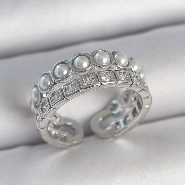 Gümüş Renk 2'Li Sıra Zirkon Taşlı Ve İncili Ayarlanabilir Yüzük