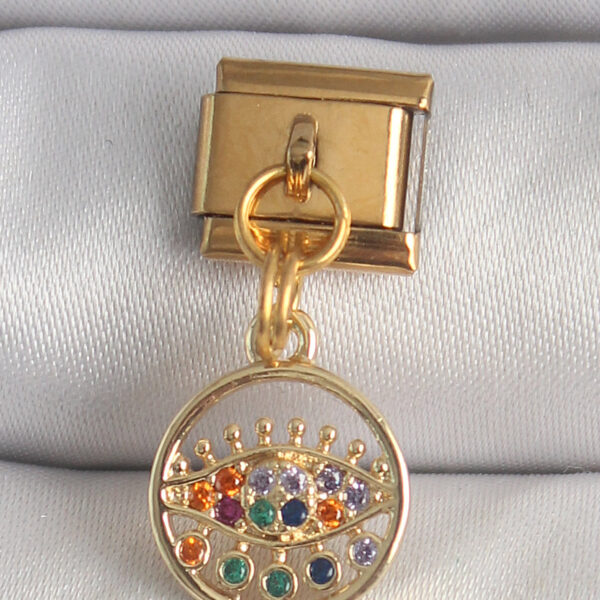 Çelik Gold Renk Sallantı Renkli Zirkon Taşlı Göz Model Nomination Charm