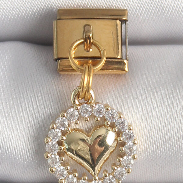 Çelik Gold Renk Sallantı Zirkon Taşlı Kalp Model Nomination Charm