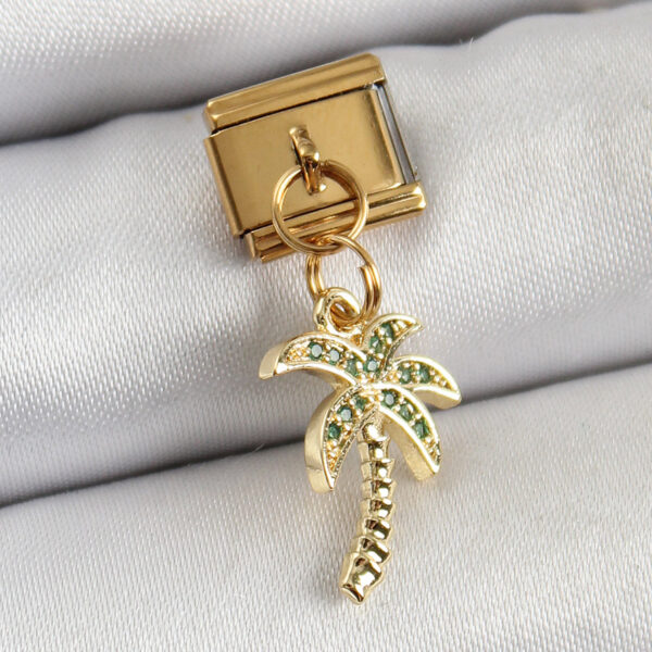 Çelik Sallantılı Zirkon Taşlı Palmiye Ağacı Model Gold Renk Nomination Charm
