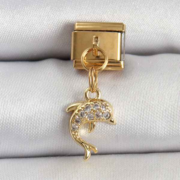 Çelik Sallantılı Zirkon Taşlı Yunus Balığı Model Gold Renk Nomination Charm