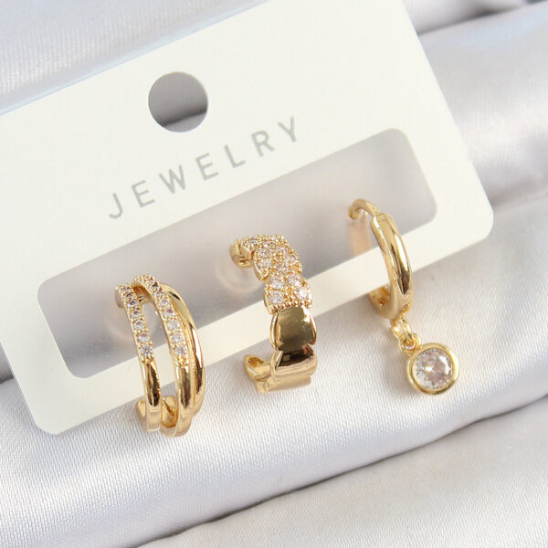 Zirkon Taşlı Halka Model Gold Renk 3'lü Çift Küpe Set