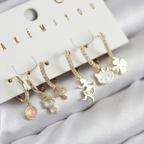 Zirkon Taşlı Hello Kity Ve Yonca Model Gold Renk 6'lı Küpe Set
