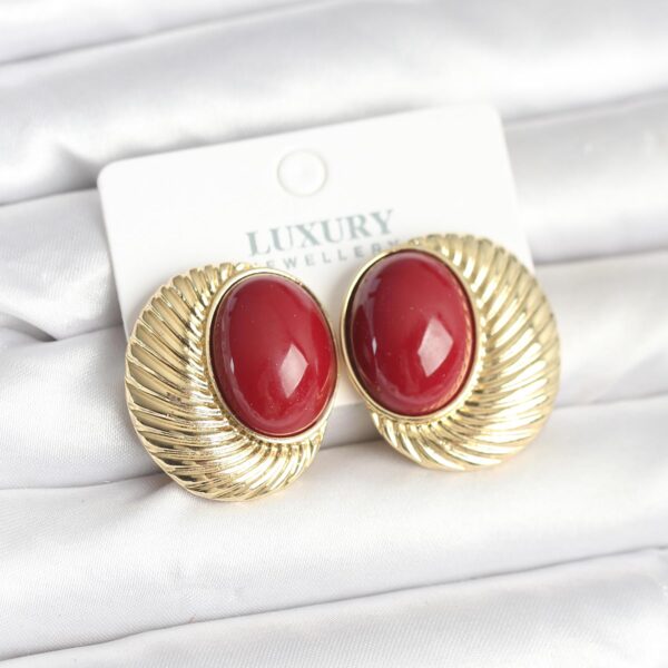 Gold Renk Bordo Boncuklu Oval Vintage Küpe