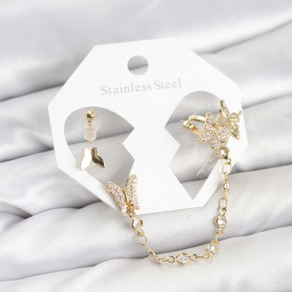 Gold Renk Kelebek Model Zincir Bağlantılı Ear Cuff Küpe Seti
