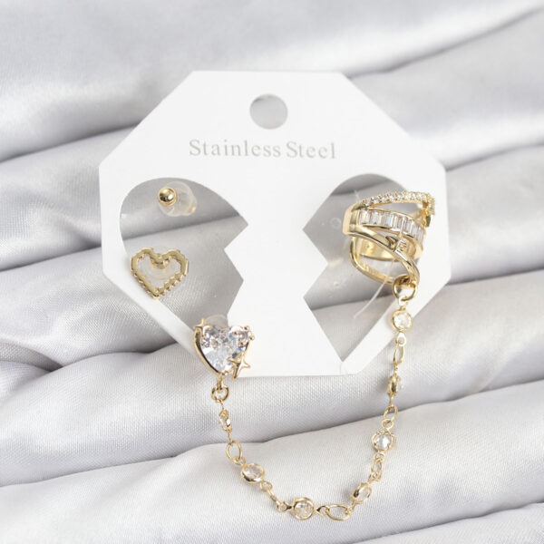 Gold Renk Kalp Model Zincir Bağlantılı Ear Cuff Küpe Seti
