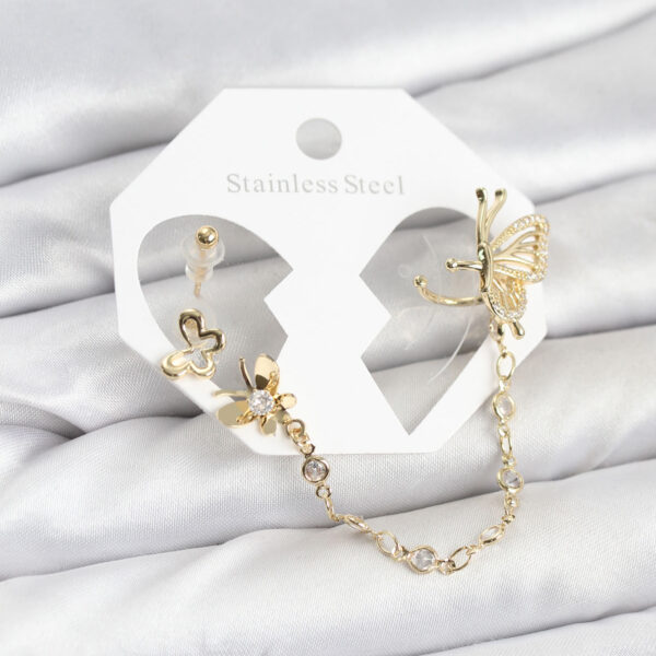 Kelebekli Model Gold Renk Zincir Bağlantılı Ear Cuff Küpe Seti
