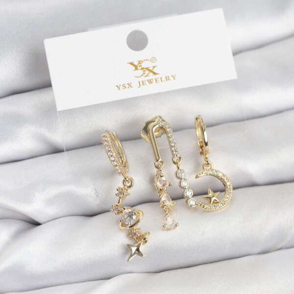 Gold Renk Zirkon Taşlı Uzay Model YSX Trio Küpe Seti
