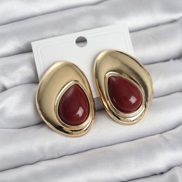 Gold Renk Bordo Taşlı Damla Model Vintage Küpe