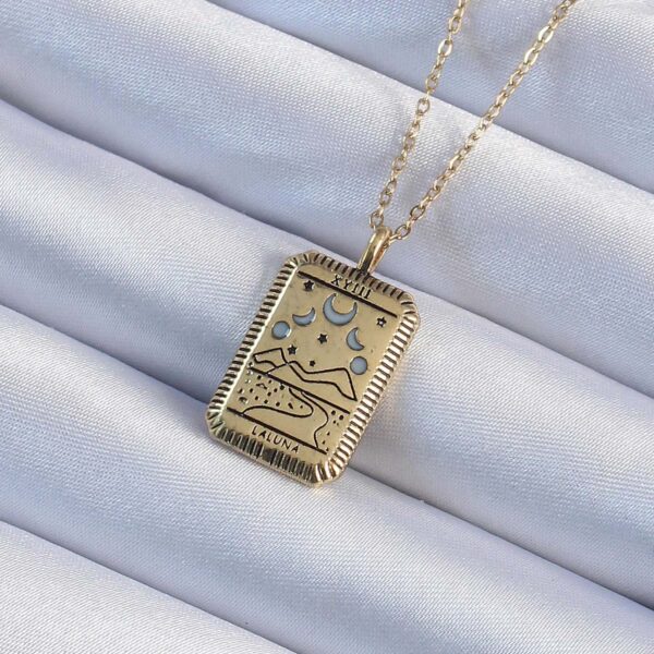 Çelik Zincir Eskitme Altın Renk Ay Figürlü Tarot Kolye