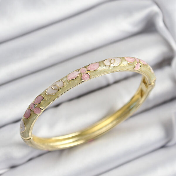 Mineli Pembe Hardal Ve Krem Çiçek Motifli Gold Renk Kelepçe