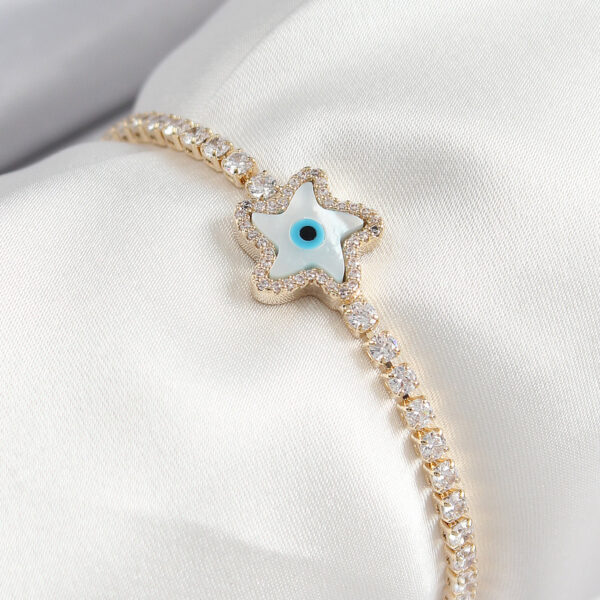 Zirkon Taşlı Nazar Yıldız Model Gold Renk Asansörlü Bileklik