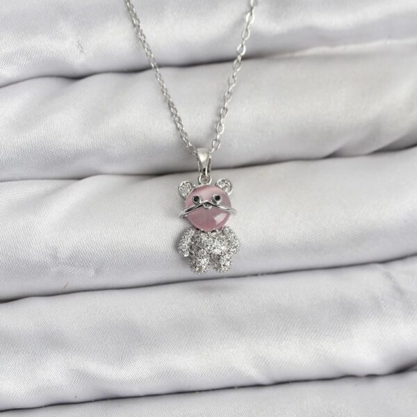 Çelik Zincir Gümüş Renk Teddy Bear Model Zirkon Taşlı Kolye