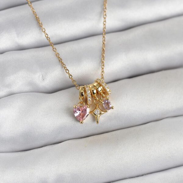 Çelik Gold Pembe Zirkon Taşlı Charmlı Kolye