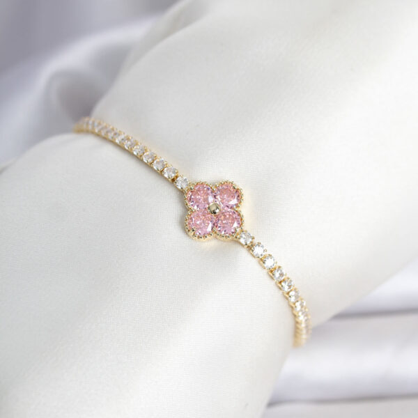 Gold Renk Pembe Zirkon Taşlı Yonca Model Su Yolu Bileklik