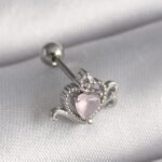 Çelik Gümüş Renk Pembe Mineli Kalp Zirkon Taş Detay Tragus Piercing