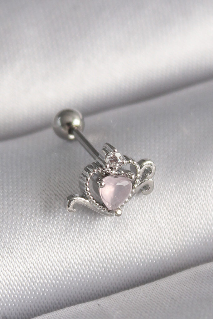 Çelik Gümüş Renk Pembe Mineli Kalp Zirkon Taş Detay Tragus Piercing