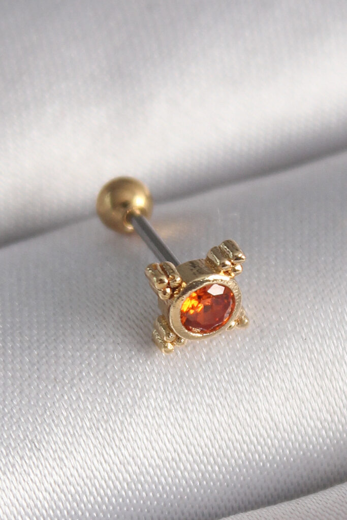 Çelik Gold Renk Turuncu Zirkon Taşlı Tragus Piercing