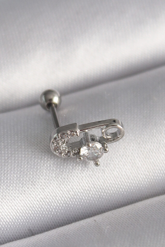 Çelik Gümüş Renk Zirkon Taşlı Toplu İğne Tragus Piercing