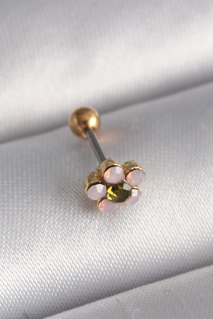 Çelik Gold Renk Zirkon Taşlı Çiçek Tragus Piercing