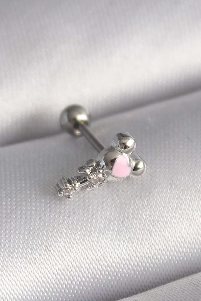 Çelik Gümüş Renk Zirkon Taş Detay Pembe Kalp İşleme Tragus Piercing