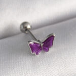 Çelik Gümüş Renk Mor Kelebek Model Tragus Piercing