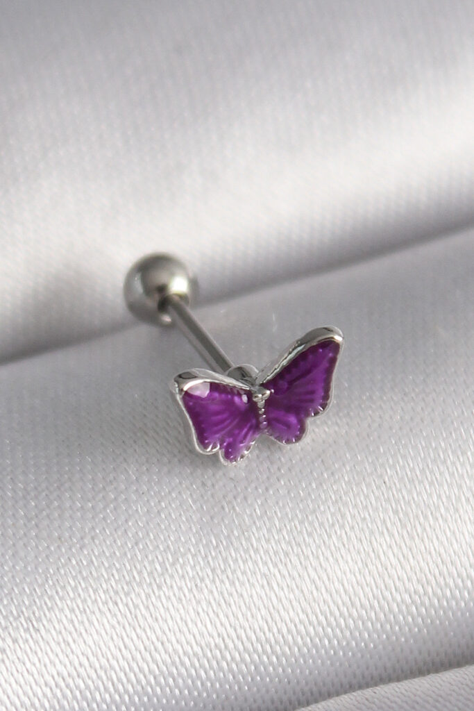 Çelik Gümüş Renk Mor Kelebek Model Tragus Piercing