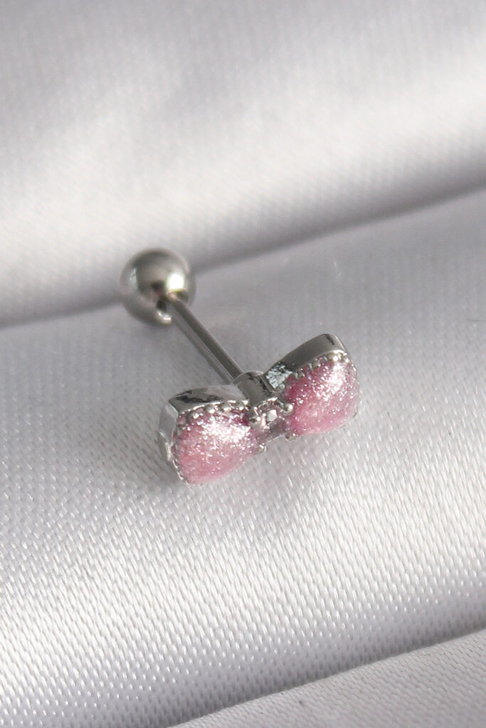 Çelik Gümüş Renk Pembe Kurdele Zirkon Taş Detay Tragus Piercing