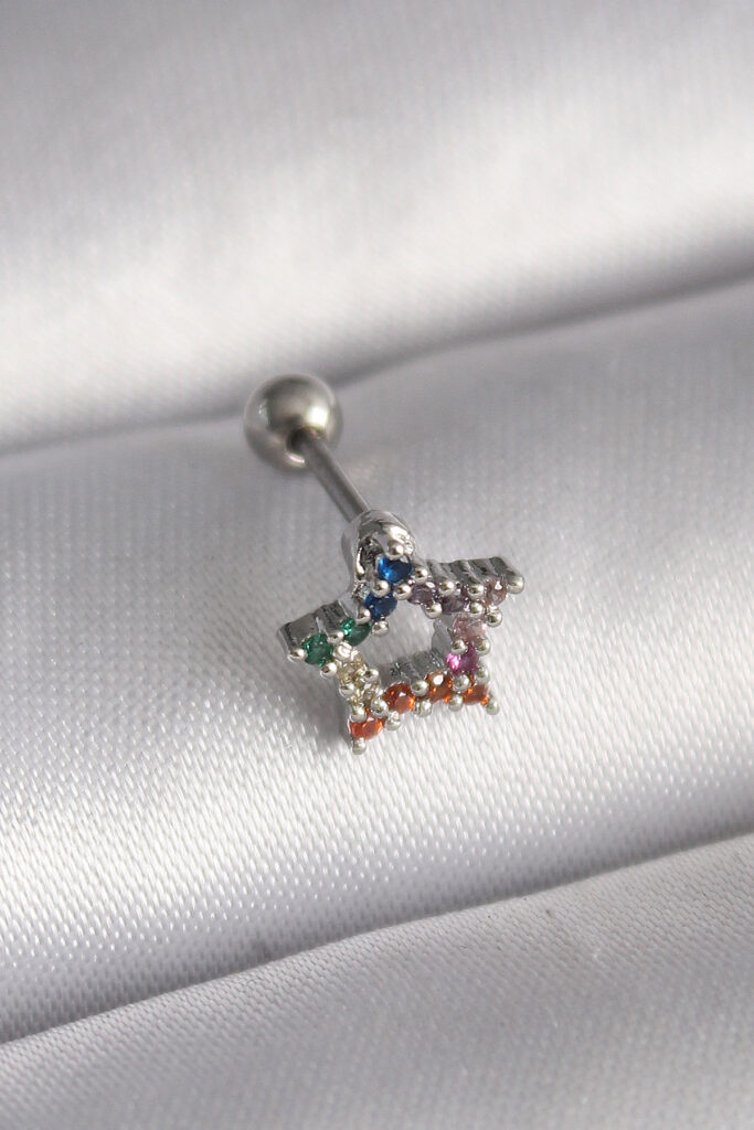 Çelik Gümüş Renk Renkli Zirkon Taşlı Yıldız Model Tragus Piercing