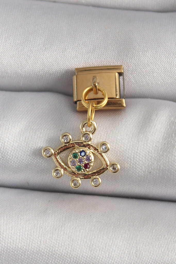 Çelik Gold Renk Sallantı Zirkon Taşlı Göz Model Nomination Charm