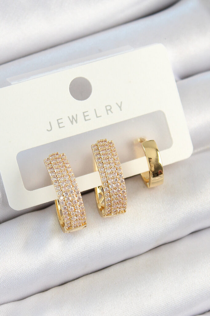 Zirkon Taşlı Damla Model Gold Renk 3'lü Çift Küpe Set
