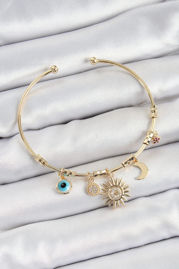 Zirkon Taşlı Güneş Ay Nazar Model Gold Renk Charm Bileklik