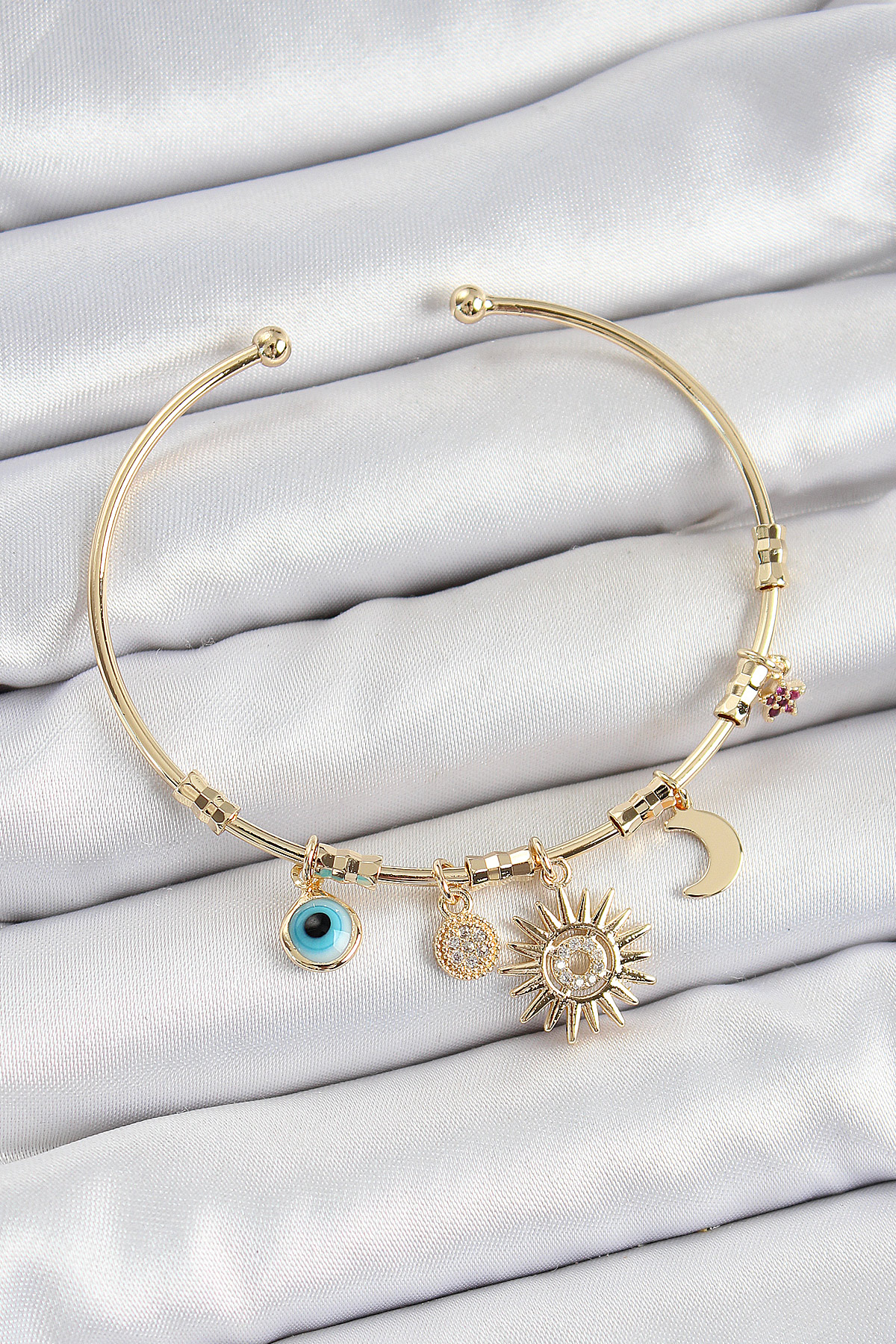 Zirkon Taşlı Güneş Ay Nazar Model Gold Renk Charm Bileklik