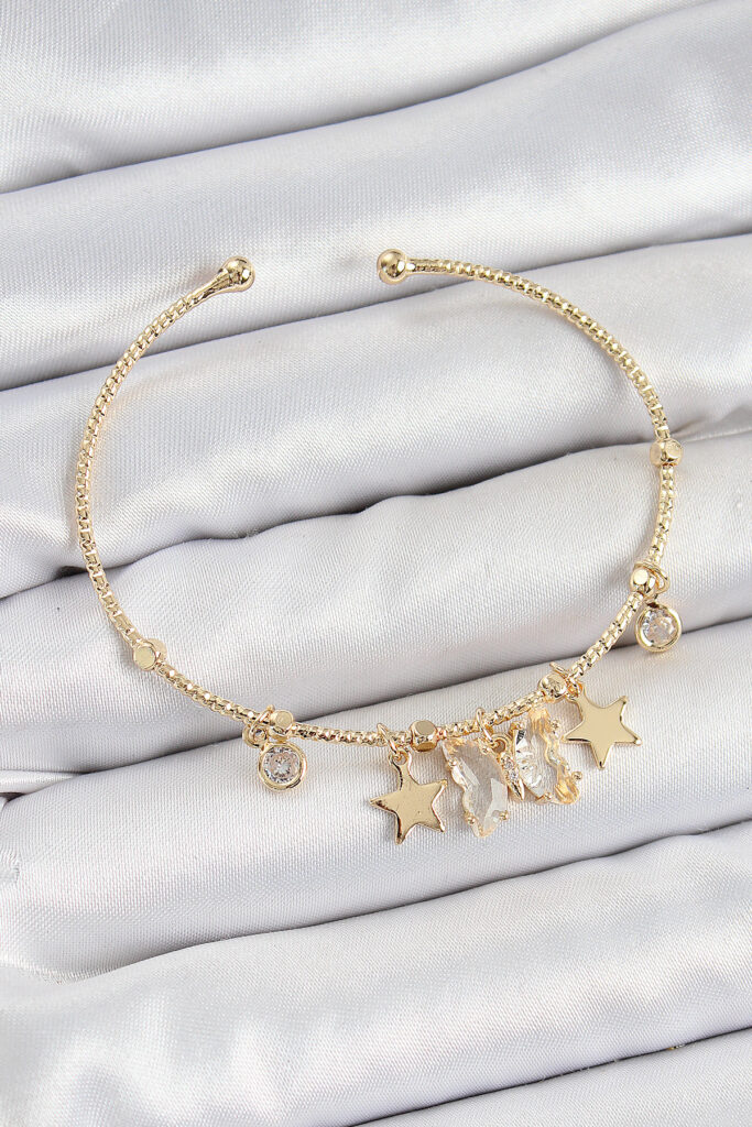 Zirkon Taşlı Kelebek Ve Yıldız Model Gold Renk Charm Bileklik