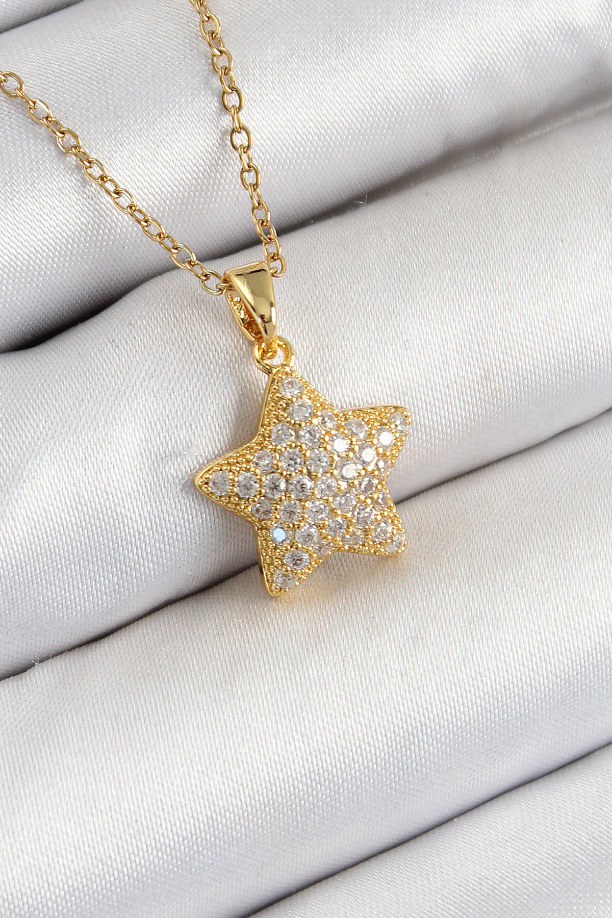 Çelik Zirkon Taşlı Yıldız Model Gold Renk Kolye