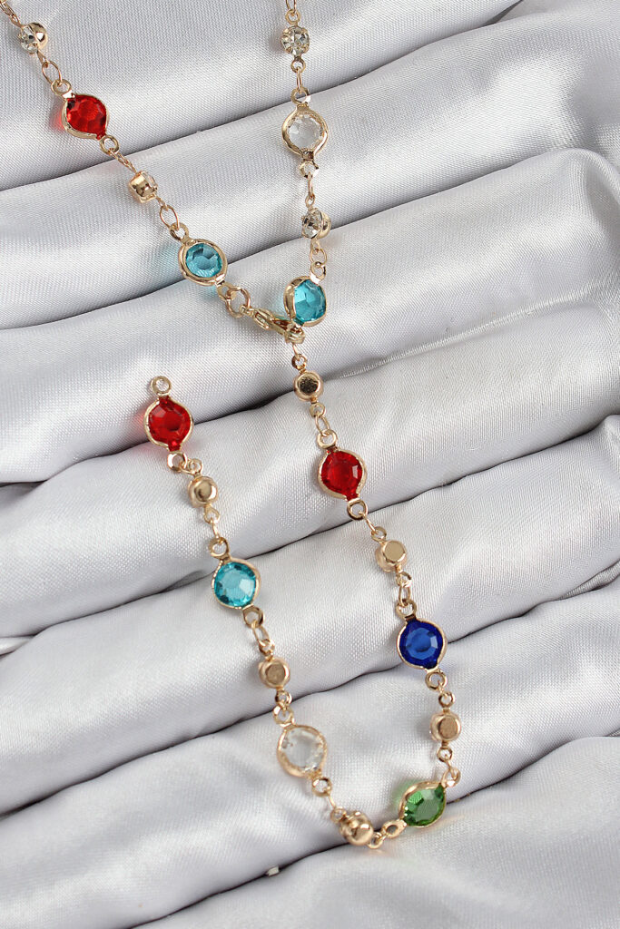 Renkli Zirkon Taşlı Model Gold Renk Y Kolye