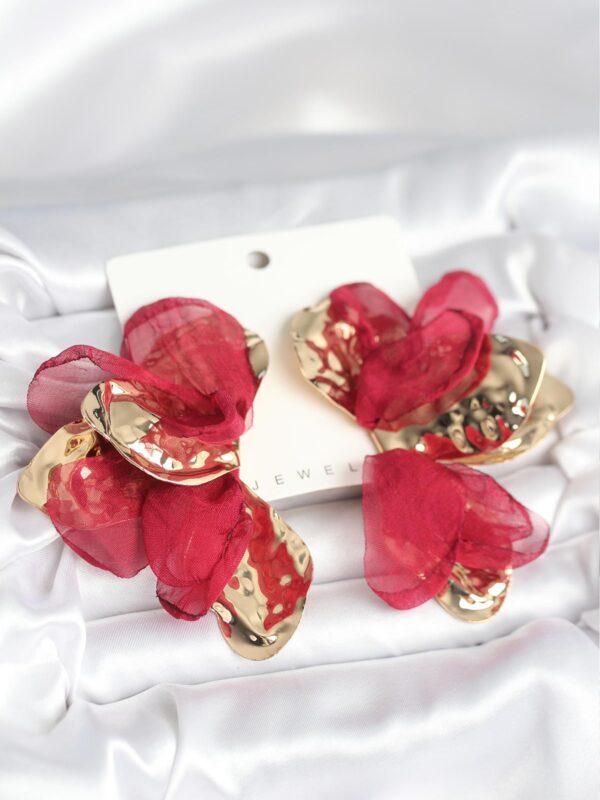Gold Renk Bordo Tüllü Lotus Küpe