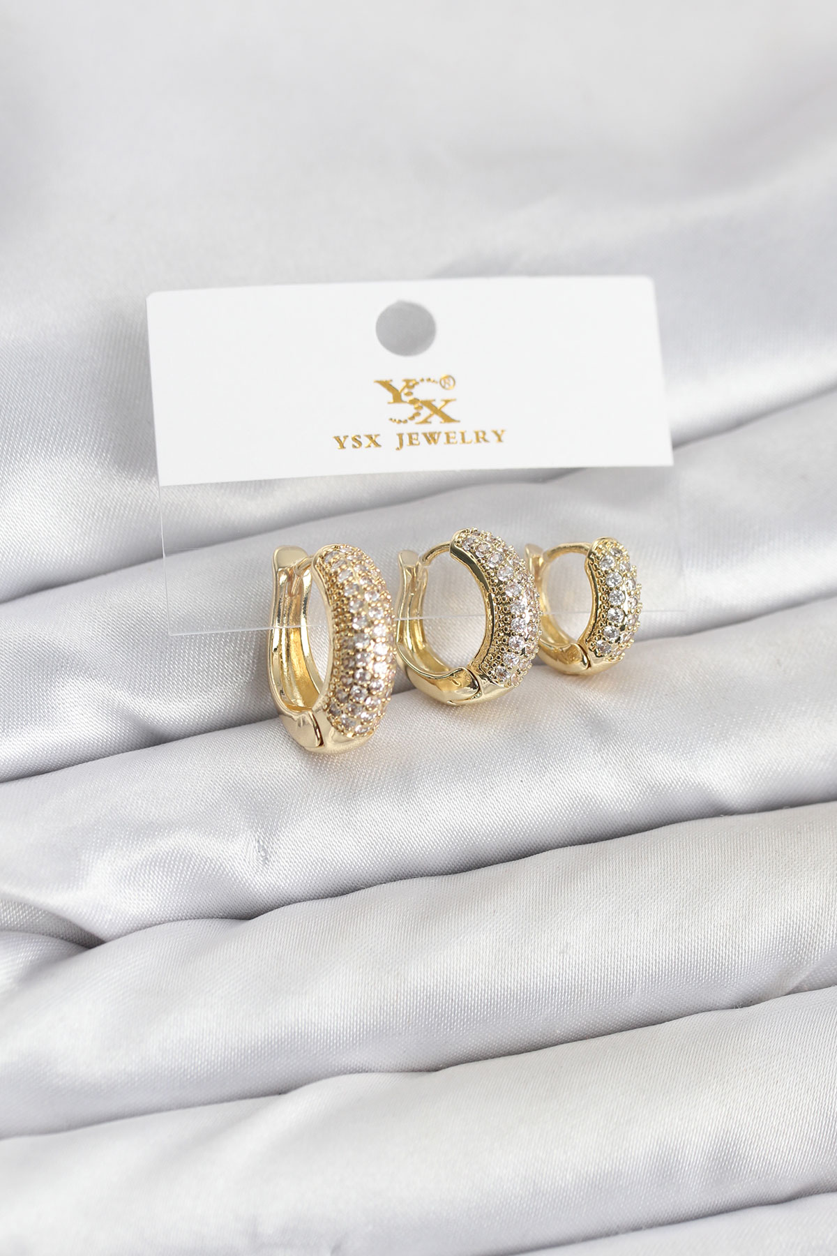 Gold Renk Zirkon Taşlı Halka Model YSX Trio Küpe Seti