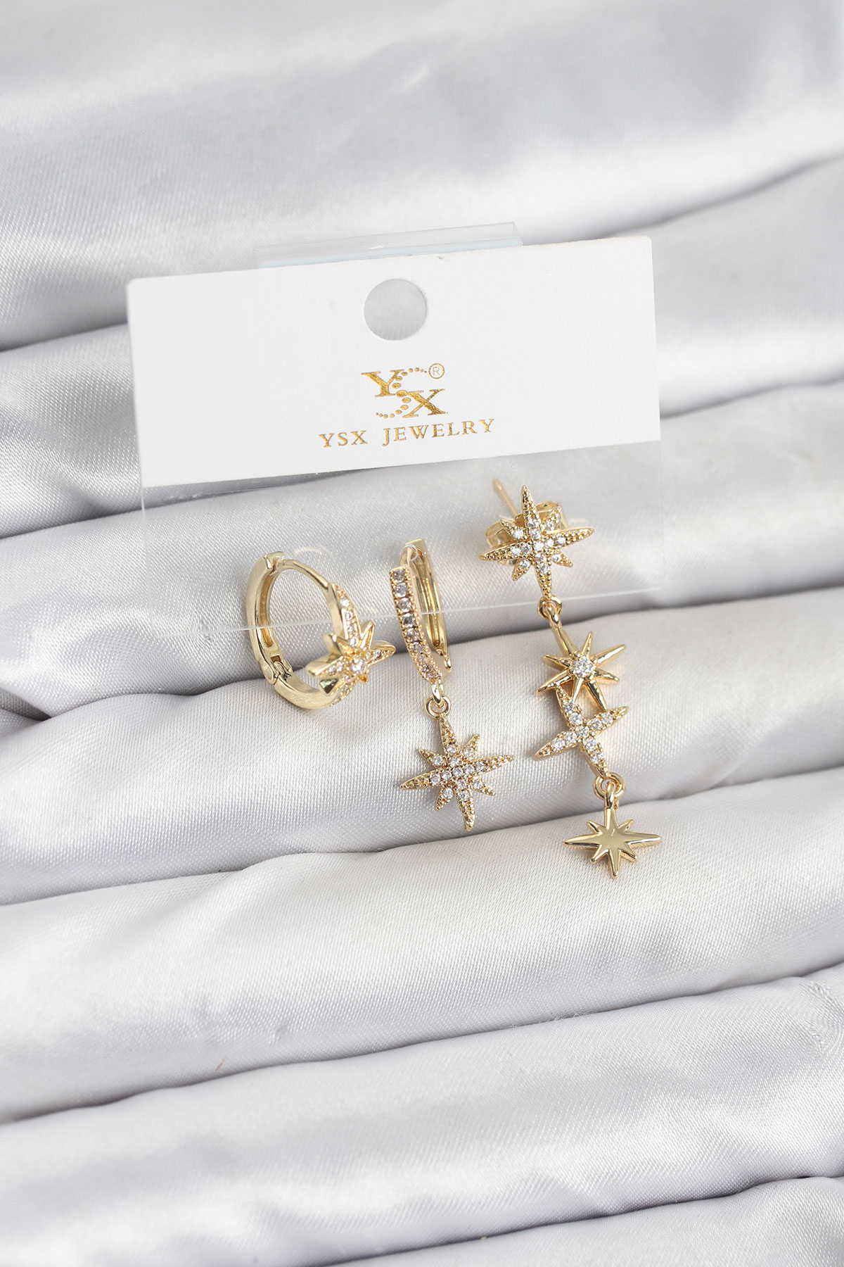 Gold Renk Zirkon Taşlı Kutup Yıldızı Model YSX Trio Küpe Seti