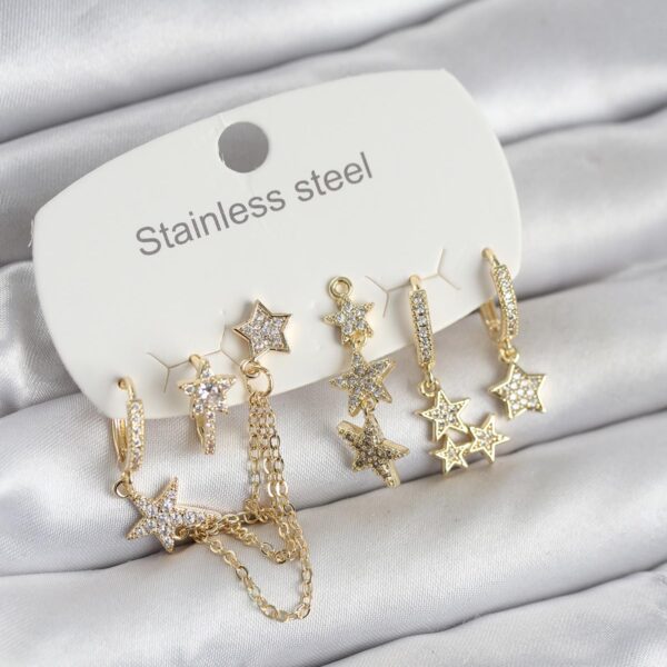 Çelik Gold Renk 6'lı Set Zincirli Yıldız Modelli Küpe