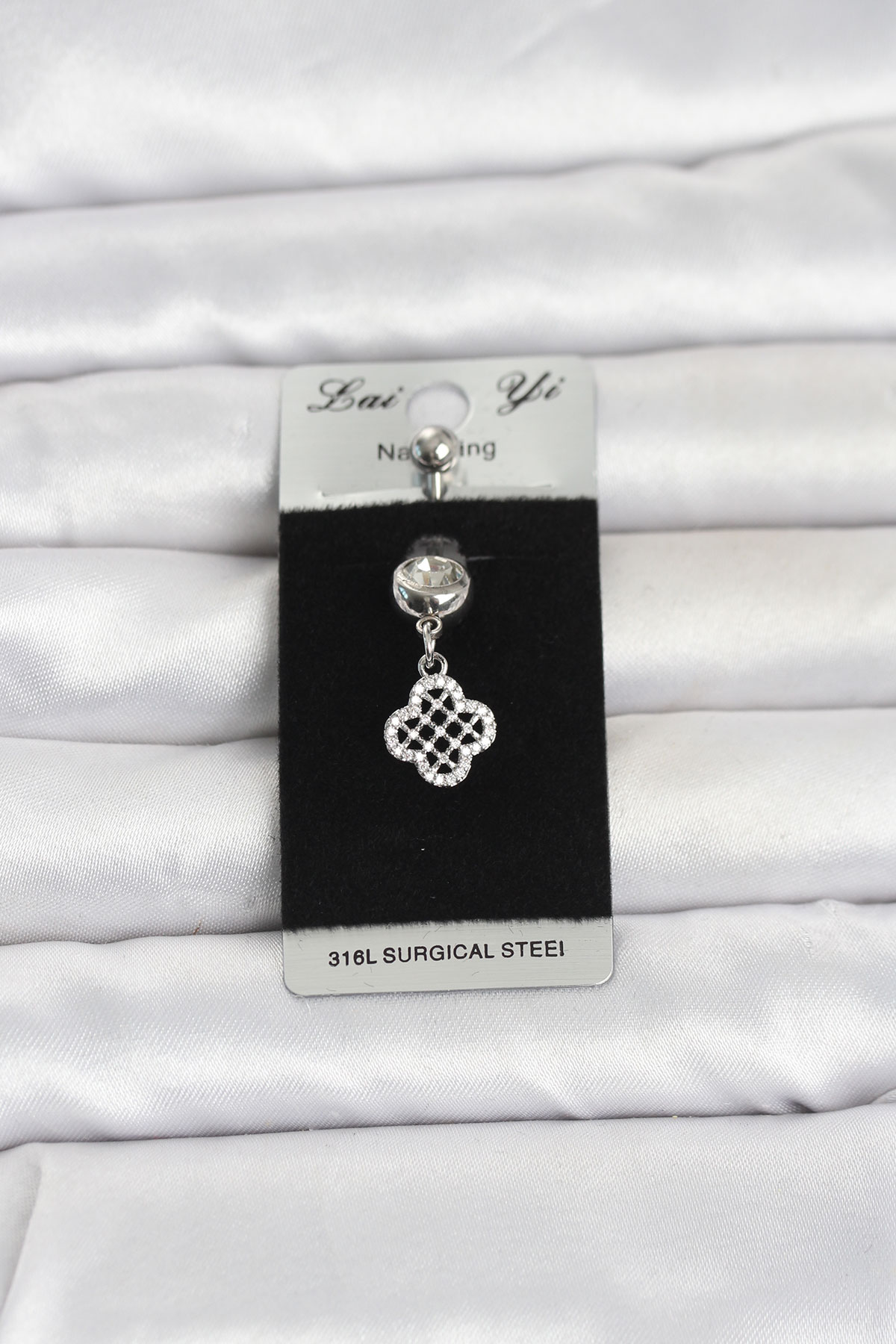 Cerrahi Çelik Zirkon Taşlı Sallantılı Yonca Model Göbek Piercing