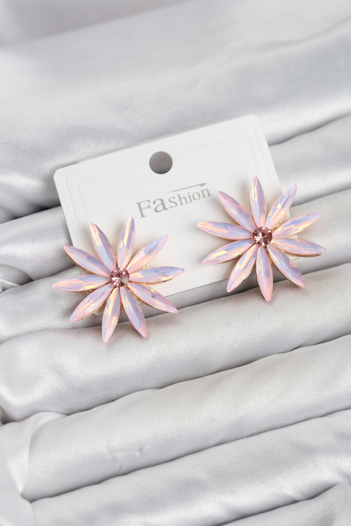 Pembe Kristal Taşlı Lotus Model Küpe