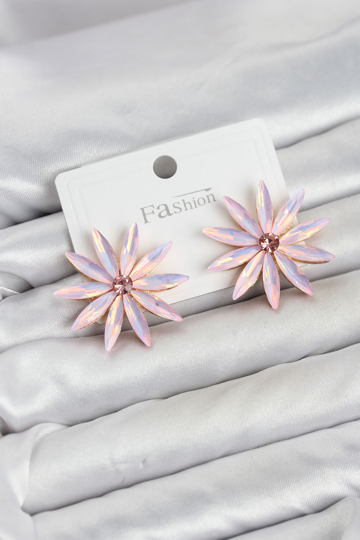 Pembe Kristal Taşlı Lotus Model Küpe