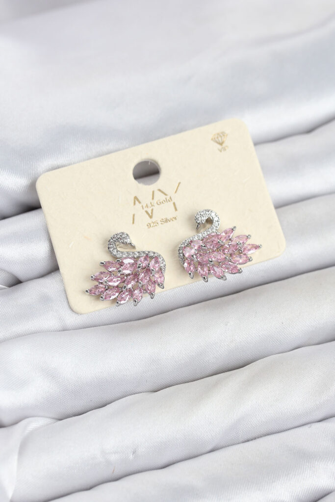 Pembe Zirkon Taşlı Gümüş Swan Kuğu Model Küpe