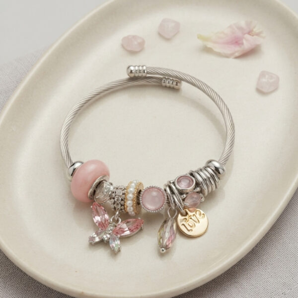 Pembe Kristal Kelebek Charmlı Bileklik
