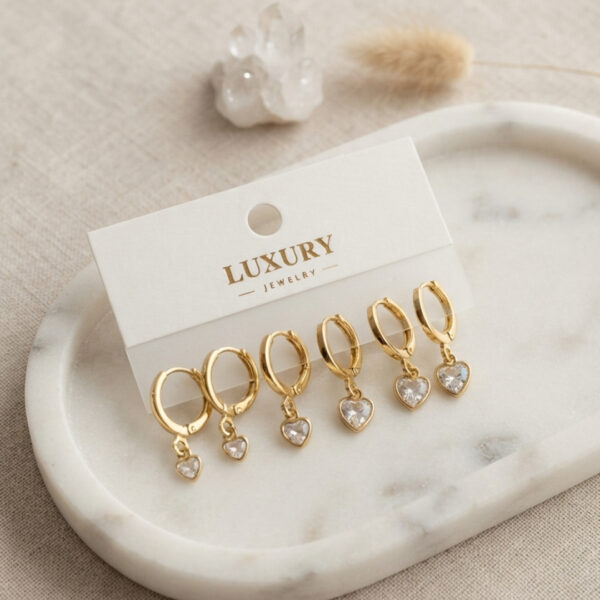 Kalp Zirkon Taşlı Gold Renk Set Küpe