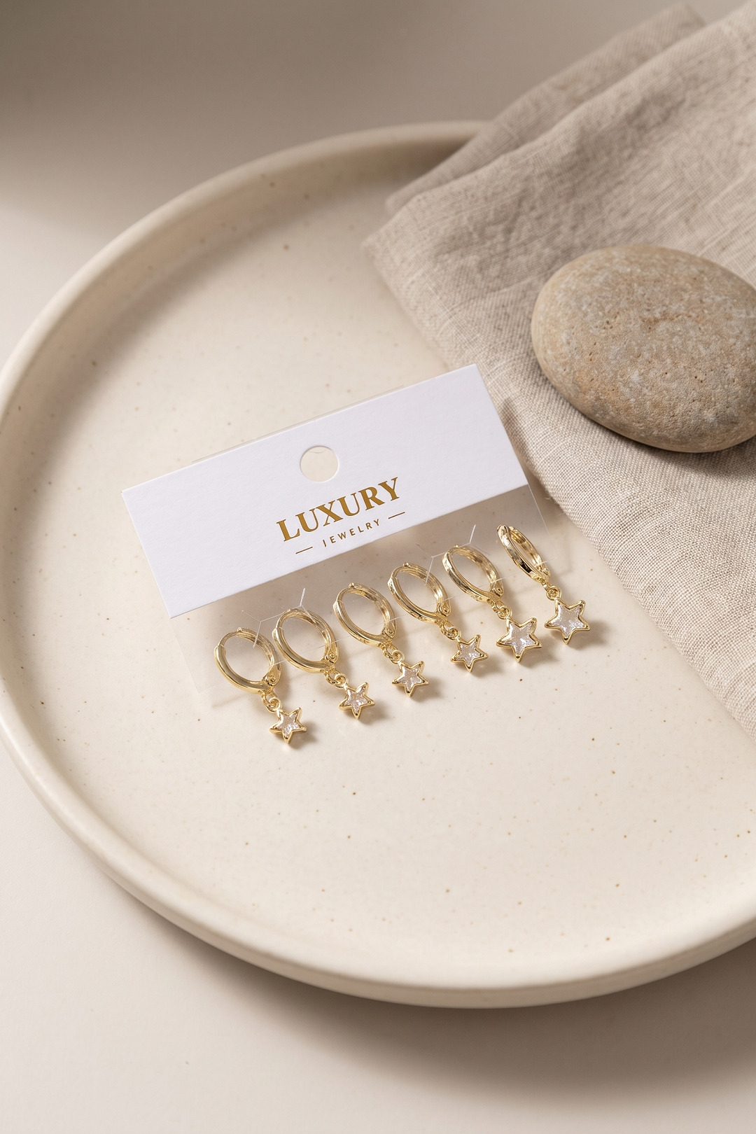 Yıldız Zirkon Taşlı Gold Renk Set Küpe
