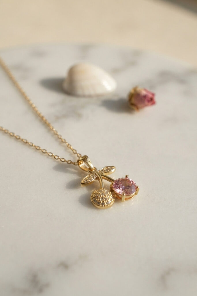Çelik Zincir Gold Renk Pembe Kiraz Model Kolye