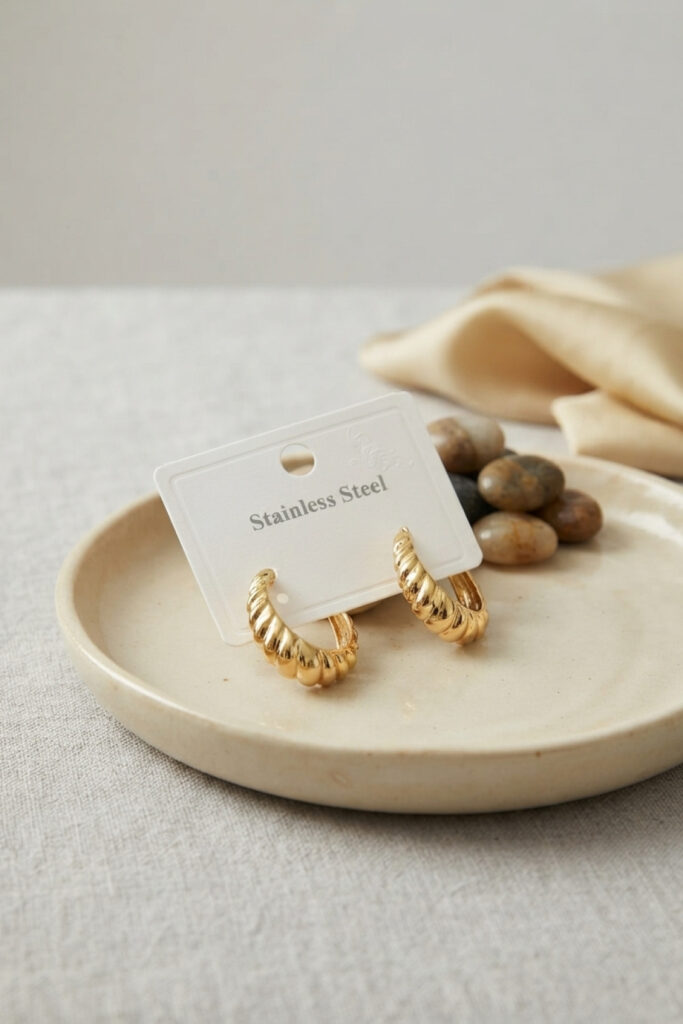 Çelik Gold Renk Kıvrımlı Halka Model Küpe